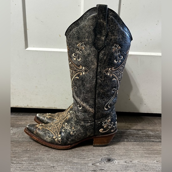 Circle G Swirl Snip Town Black/Brown Distressed Leather Embroidered Cowboy boot - Picture 5 of 13